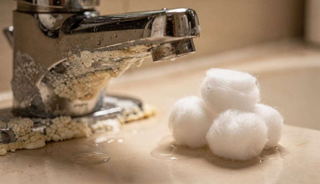 Odkamienić kran bez wysiłku? Owiń go watą z octem na noc – efekt gwarantowany