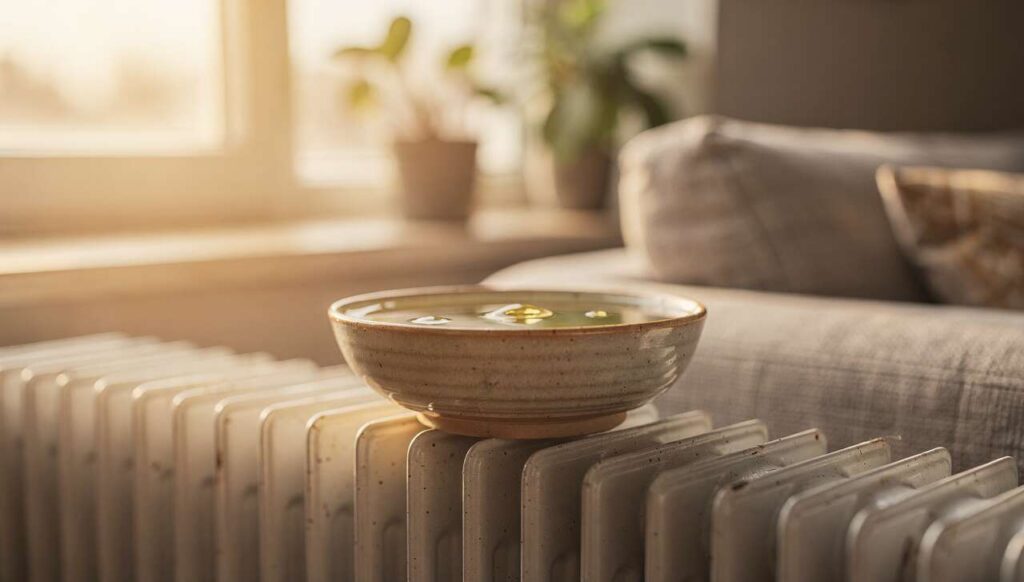 Miska z wodą i olejkiem na kaloryferze: trik, który nawilża powietrze po sezonie grzewczym