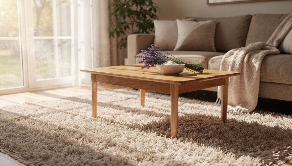 Dywan w salonie pachnie kurzem po zimie: soda i lawenda usuwają zapach w kwadrans